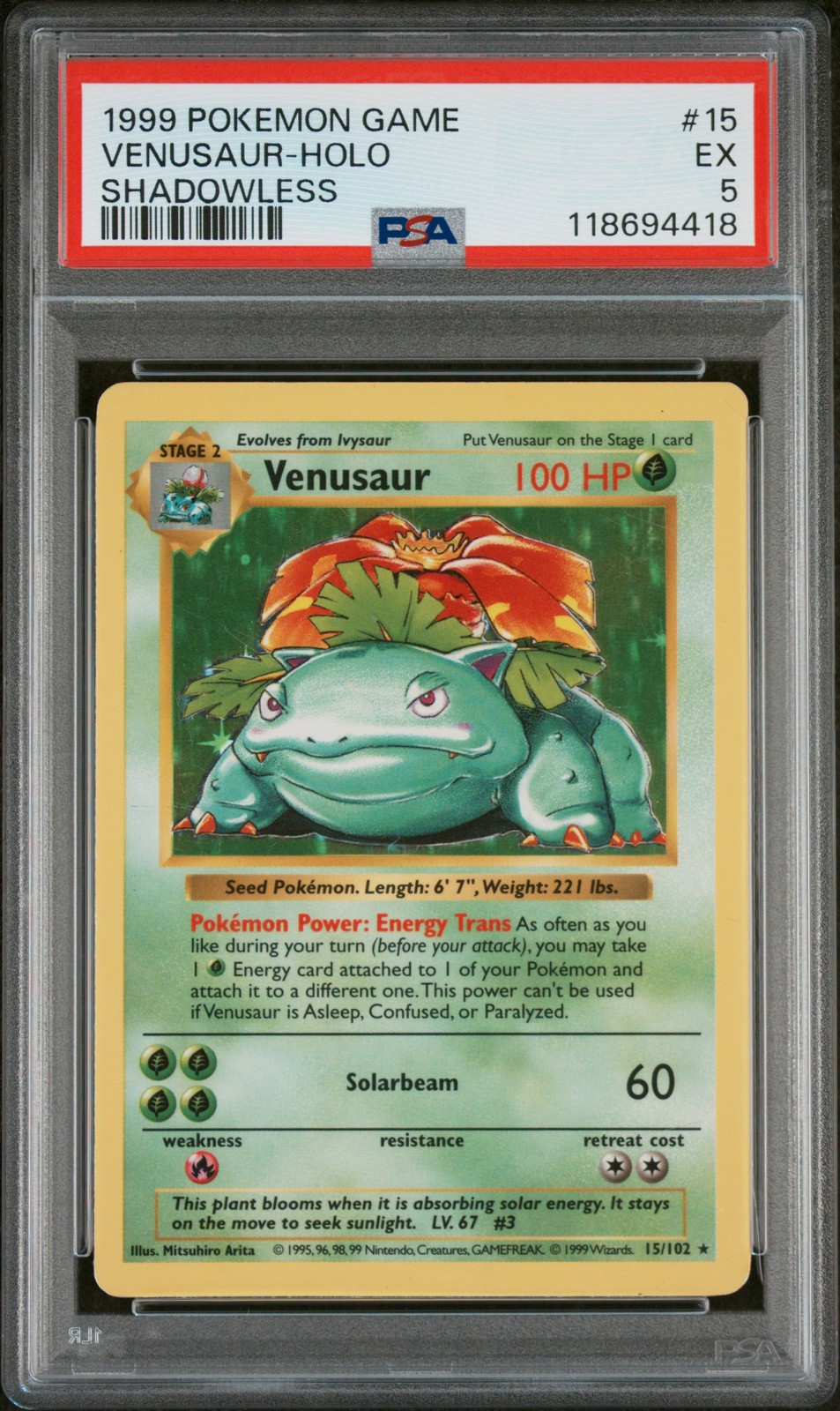 1999 POKEMON GAME SHADOWLESS #15 VENUSAUR-HOLO PSA 5