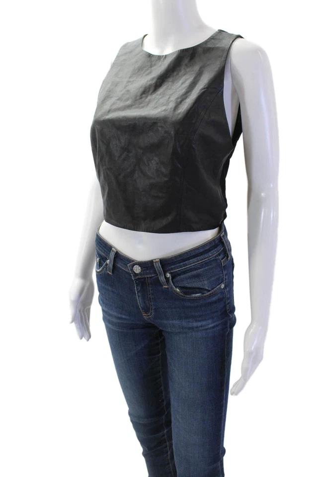 Alice + Olivia Women Cropped Tank Black Lamb Leather Biker Zip Neck Size 8 - Image 2 of 4