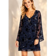 Spirit Of Grace Velvet Burnout Mini Dress Baby Doll Floral Navy Romantic Boho M