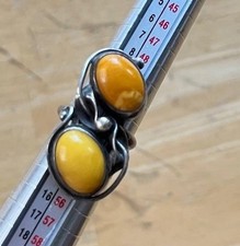 Vintage Double Butterscotch Egg Yolk Amber Sterling Silver Ornate MCM Ring Sz 6