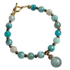 Turquoise Blue & Moss Agate Crackle Bead Bracelet Gold Spacers Dangle 7.5"