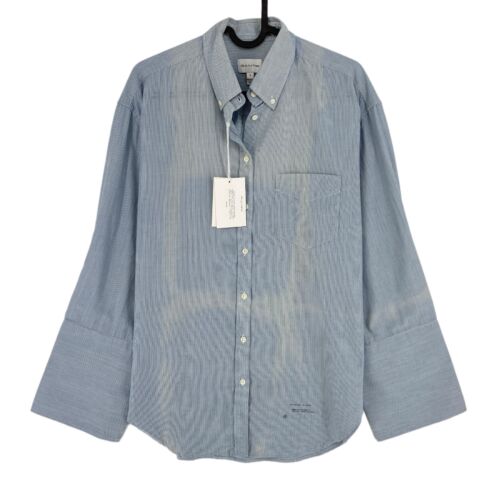 GANT Rugger Grey Blue Indigo Madras Striped Wide Cuff Shirt Size XS - Afbeelding 1 van 11