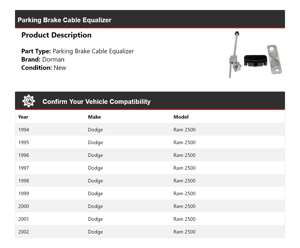 Ecualizador de cable de freno de estacionamiento para Dodge Ram 2500 Dorman 1994-2002 1995 1996 1997 Foto 2 de 4
