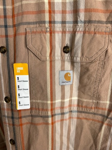Carhartt Loose Fit Midweight Short Sleeve Plaid Shirt Mens Small Brown Tan New - Picture 3 of 7