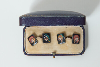 Vintage Sterling Silber handbemalte Emaille Manschettenknöpfe - James Walker Ltd London.
