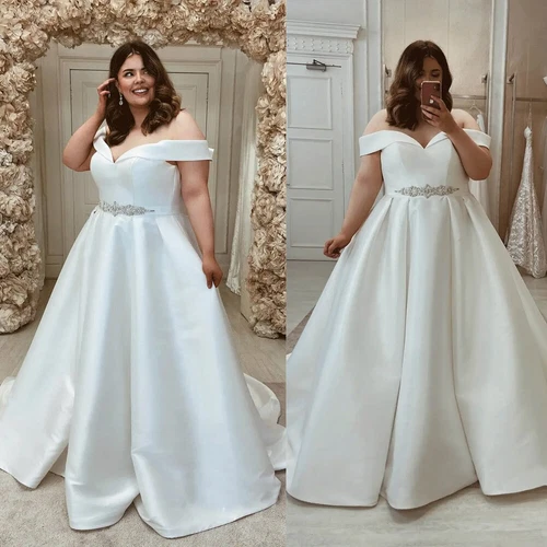 Plus Size Simple Wedding Dresses Off Shoulder Beaded A Line Satin Bridal Gowns - Picture 2 of 10