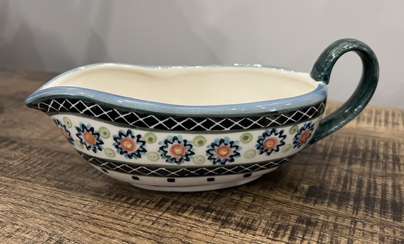 Polish Pottery Gravy Boat Wiza Poland Original Sticker 12oz Multi Color