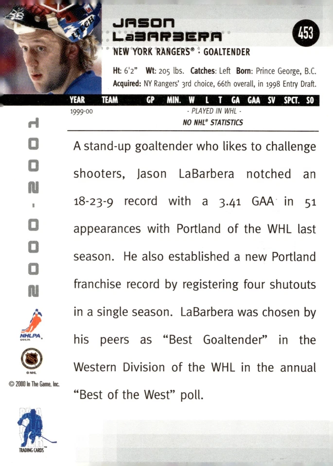Jason LaBarbera - Signed 2000-01 In The Game Be A Player Rookie Card #453 - Image 2 of 2