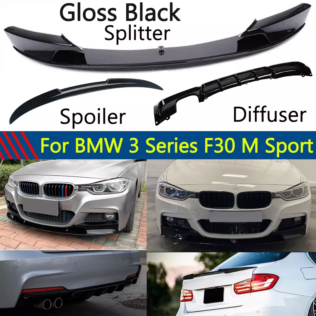 Gloss Black For BMW F30 M Sport 2012-18 Front Splitter Lip Rear Diffuser  Spoiler