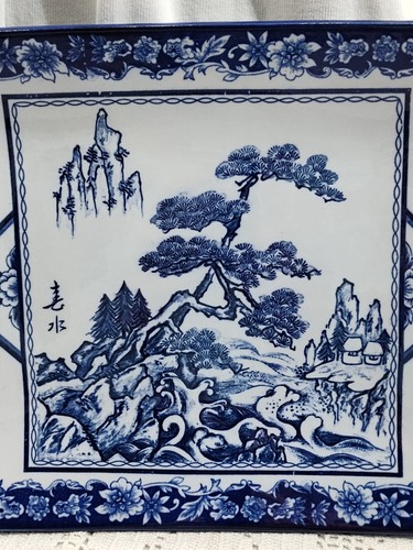 Chinesisches antikes blau & weißes Porzellan signiert zweimal graviert einmal gebogenes LG-Tablett - Bild 3 von 20