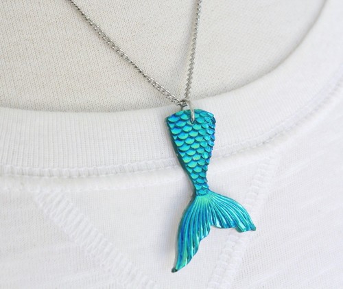 Mermaid necklace Silver Turquoise tail pendant chain 18" long shimmery scales - Picture 9 of 10