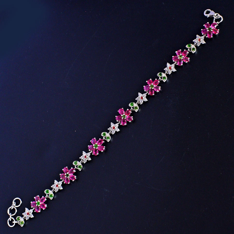 Natural Ruby Gemstone Chrome Diopside Floral Bracelet Sterling Silver Jewelry - Image 3 of 4