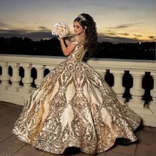 Shining Gold Quinceanera Dresses Ball Gown Sequined Beaded Off Shoulder Sweet 16