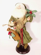16" Woodland VNTG Style Santa Claus Figure Burlap Cotton Robe Holding Bird Nest