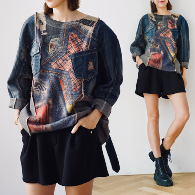 Damen  Denim Bluse Patchwork Print Aufdruck Pullover Sweatshirt Jeansshirt Pulli