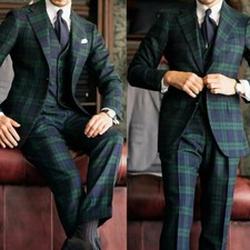 Green Plaid Men Suits Prom Groom Tuxedos Slim Fit for Business Wedding Custom