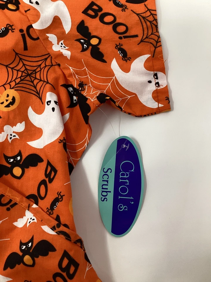 Ladies Halloween Scrub Top 3XL Orange Black Pumpkin Ghost Spider Bat NWT - Image 4 of 4