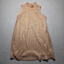 ​Nine West Metallic Rose Gold Plissé Trapeze Dress L Smocked Mock Neck Shimmer