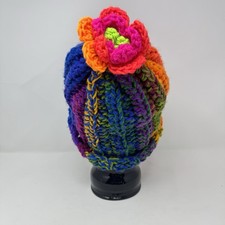 Handmade Slouchy Beanie Rainbow Multicolor Hat Chunky Crochet Flower Hippie OS