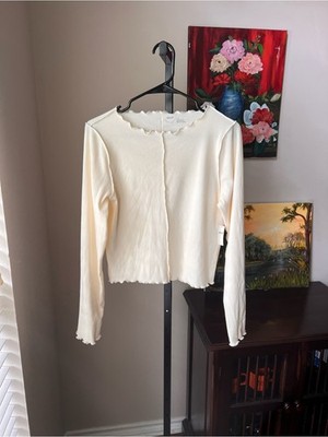 aerie Cream Ribbed Long-Sleeve Lettuce-Edge Top