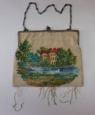 Antique Micro Beaded Purse, Silver Frame  Chain, Lake Estate Landscape Scene