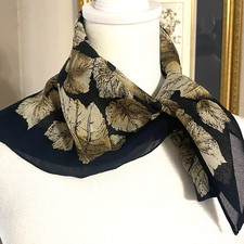 VTG Sheer Chiffon Fall Leaf Scarf Black Navy Tan Maple Botanical 20" Square