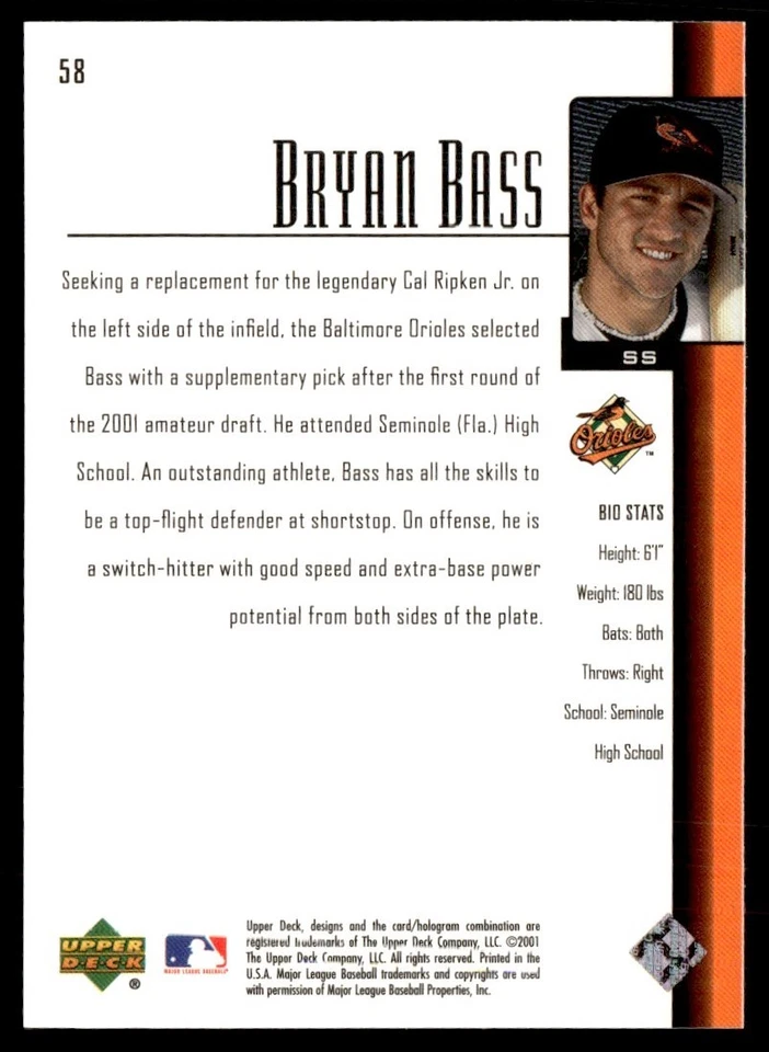 2001 Upper Deck Prospect Premieres Bryan Bass Rookie Baltimore Orioles #58 - Image 2 of 2