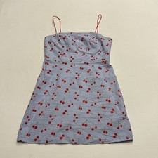 Urban Outfitters Mini Dress Sz US 10 Blue Cherry Print Linen Summer Thin Straps