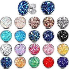 20 Pairs Round Stud Earrings Stainless Steel Druzy Anti Sensitive