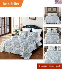 Blue Floral Patchwork Quilt Set Queen Size Bedspread with Pillowcases