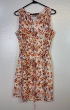 Loft Women’s Sundress Sz M Orange Floral Lined Drawstring Sleeveless Cottagecore