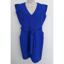 Eliza J Sheath Dress Size 14 Blue V-Neck Ruffle Sleeve Belted Tie Waist Pockets