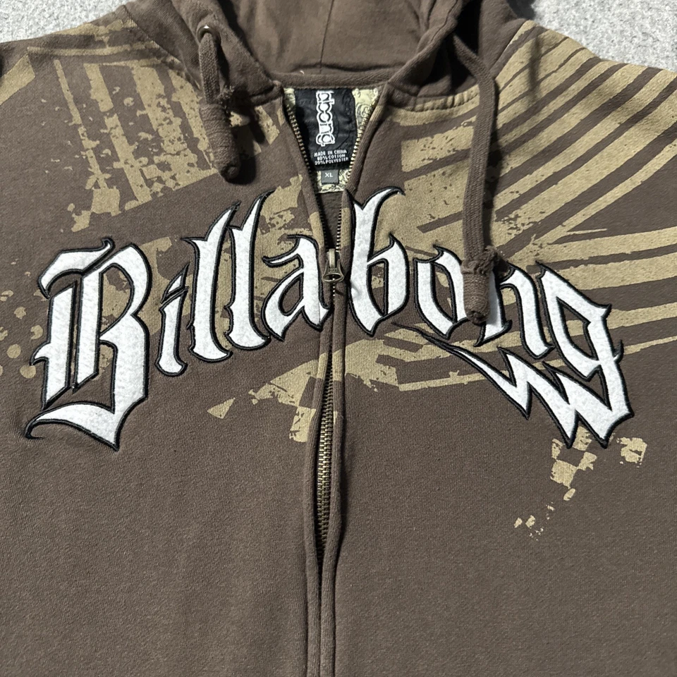 Sudadera con Capucha Billabong De Colección Para Hombre XL Cremallera Completa Gráfico Deletreado Y2K Marrón Foto 2 de 4