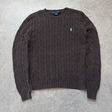Vintage 90s Polo Ralph Lauren Cable Knit Sweater Brown Blue Pony Cotton Large