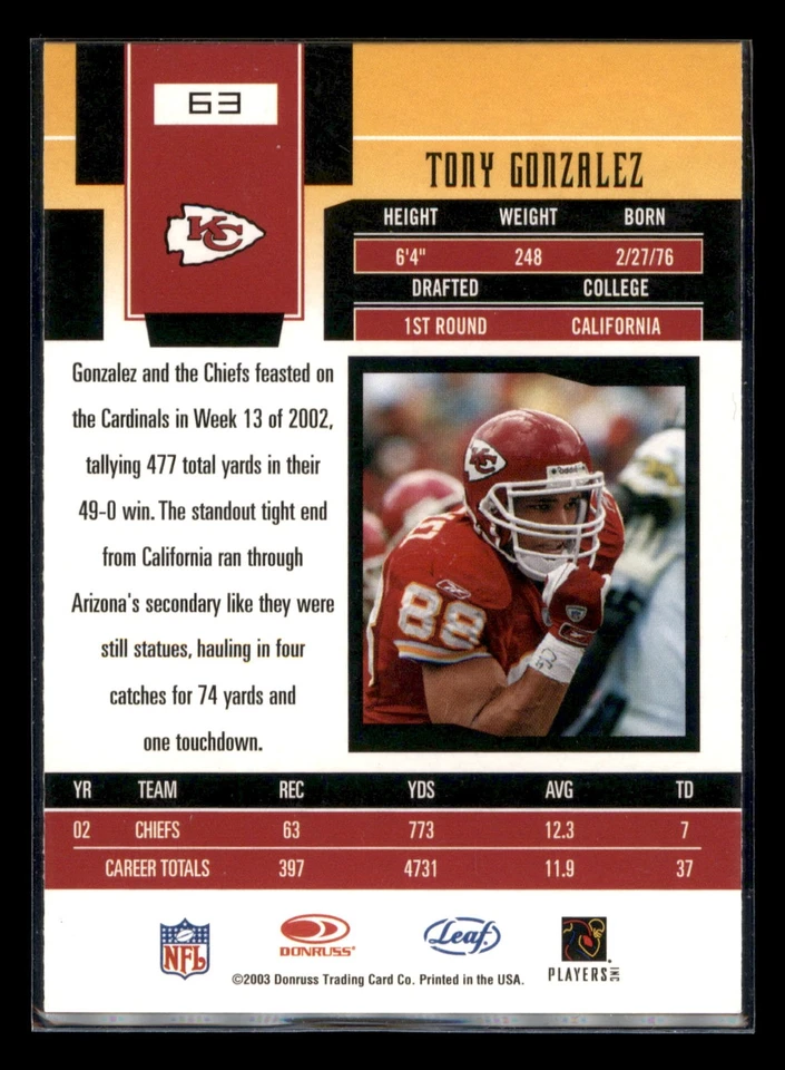 2003 Leaf Certified Materials #63 Tony Gonzalez - Image 2 of 2