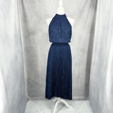 WHBM Navy Floral Jacquard Blouson Pleated Halter Midi Dress Women's Size 6