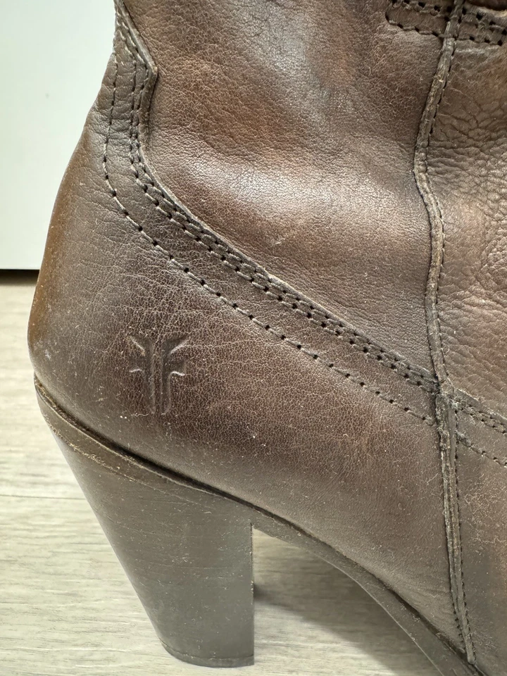 Frye Jenny Cut Vintage Distressed Studded Brown Heeled Boots - Image 3 of 4