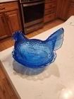 Cobalt Blue Depression Style Glass Hen on Nest Chicken Candy Dish, Vintage Decor