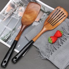 2 Pcs Wooden Spatula Set for Cooking Non Toxic Teak Kitchen Utensils Slotted Pan