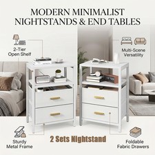 Mesita de Noche Mueble de Cama Blanco 2 Cajones Cómoda con Capa Abierta Decoración de Dormitorio