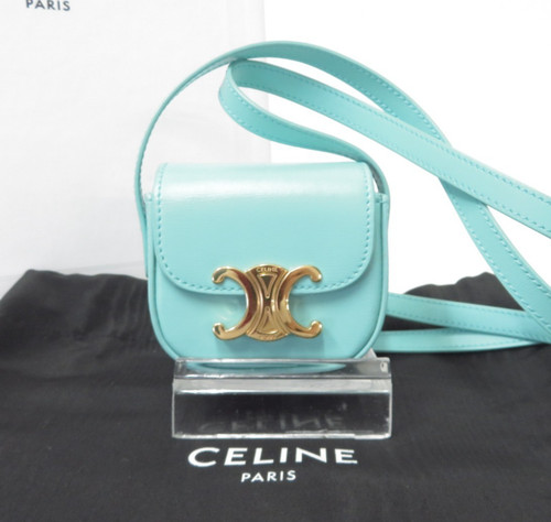 Auth CELINE Calf Leather Triomphe Claude Airpods Case Mini Shoulder Bag I#54585