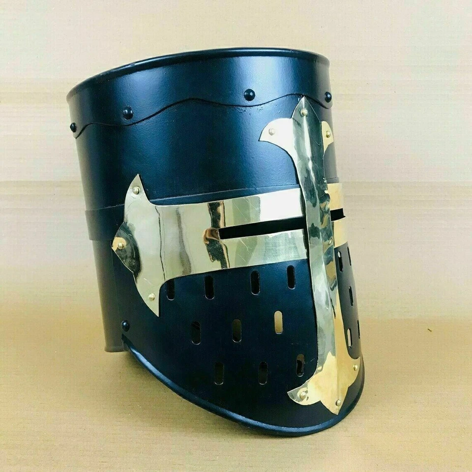 Capacete medieval cavaleiro armadura cruzado templário viking com suporte presente design azul - Imagem 4 de 4