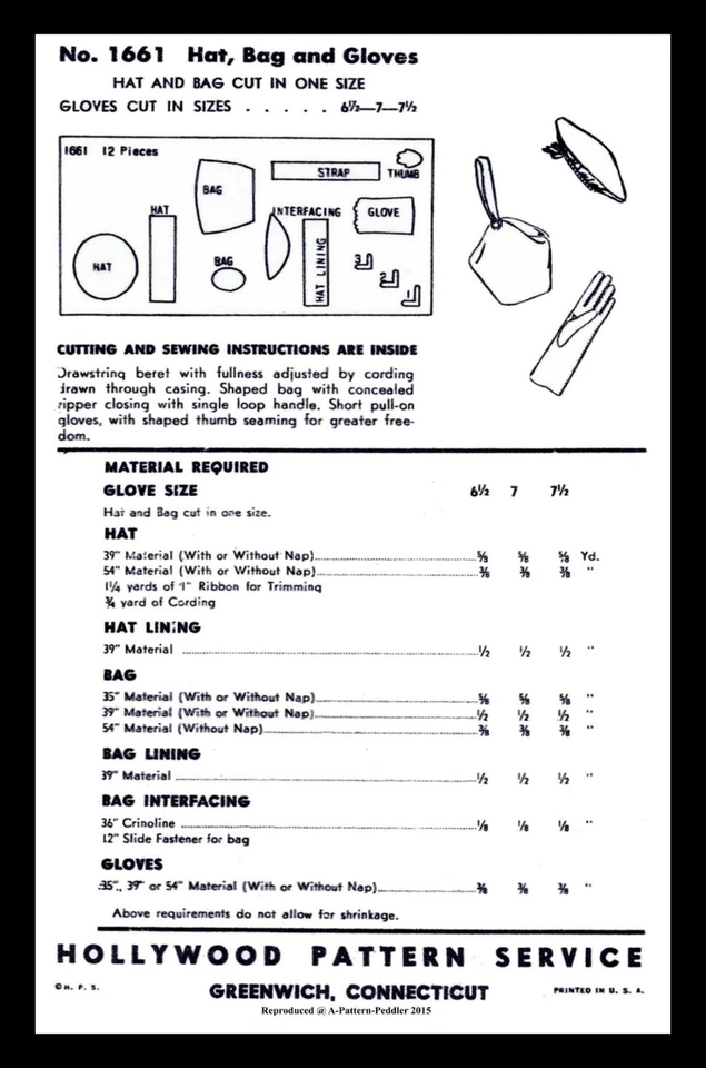 Hollywood 1661 Pattern Beret Hat Bag Gloves 1940's - Image 2 of 4