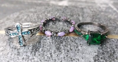 Women Ring Lot. Green Lantern Size 8.75, Blue Cross Size 8.75, Opal Band Size 10