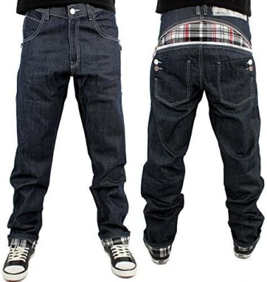 Dirty Money Denim Jeans, Scottish Check Baggy Pants, Loose Fit Turn Up