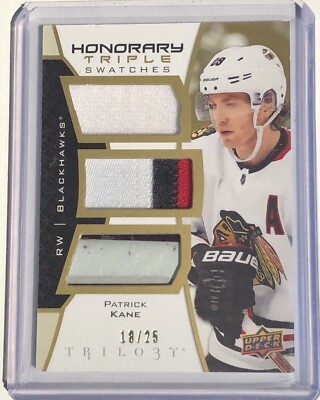 20-21 Upper Deck Trilogy Honorary Triple Swatches 18/25 Patrick Kane Blackhawks 