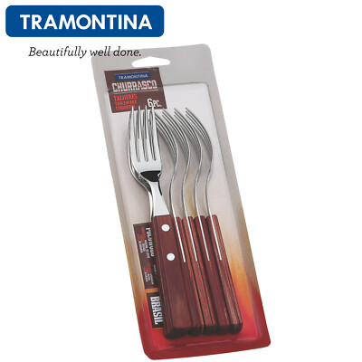 TRAMONTINA Churrasco Steak Fork Grill Kitchen Table Forks Set 6pcs.Wooden Handle