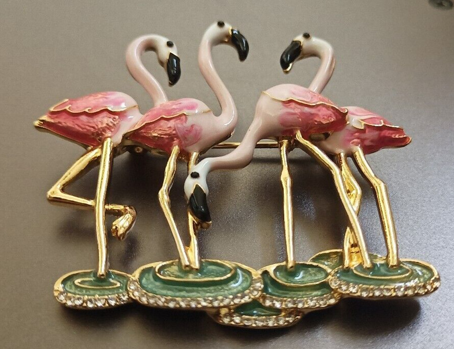 New Napier Gold Tone Flamingos with Simulated Crystals Pin