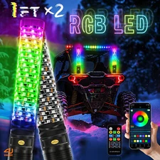 2✖1FT Thick FAT Bright RGB LED Whip Lights Antenna Chase APP Remote for ATV UTV