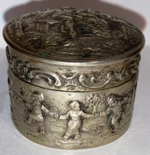 Antique Hanau Germany Sterling Silver Pill Round Box Children Playing Repousse